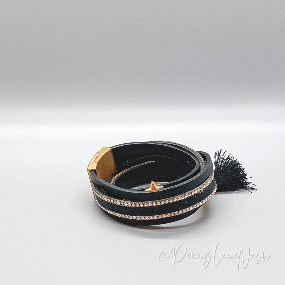 Vintage Black Leather Studded Wrap Clasp with Tassle Bracelet - Picture 2 of 6